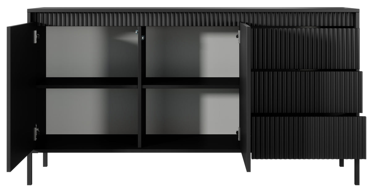 Commode deux portes Falsetto avec façades rainurées et trois tiroirs, 154 cm, noire