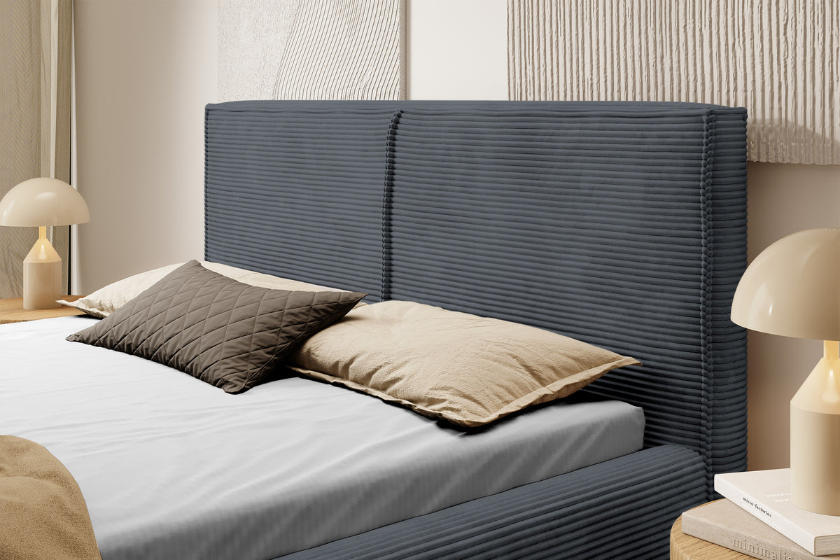 Lit tapissé 140x200 cm Farese avec rangement et vérin à gaz, velours côtelé gris