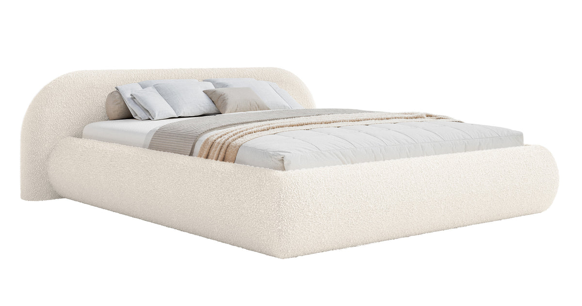 Polsterbett 180x200 cm Shels Low mit Stauraum, Metallrahmen, cremefarbenes Bouclé