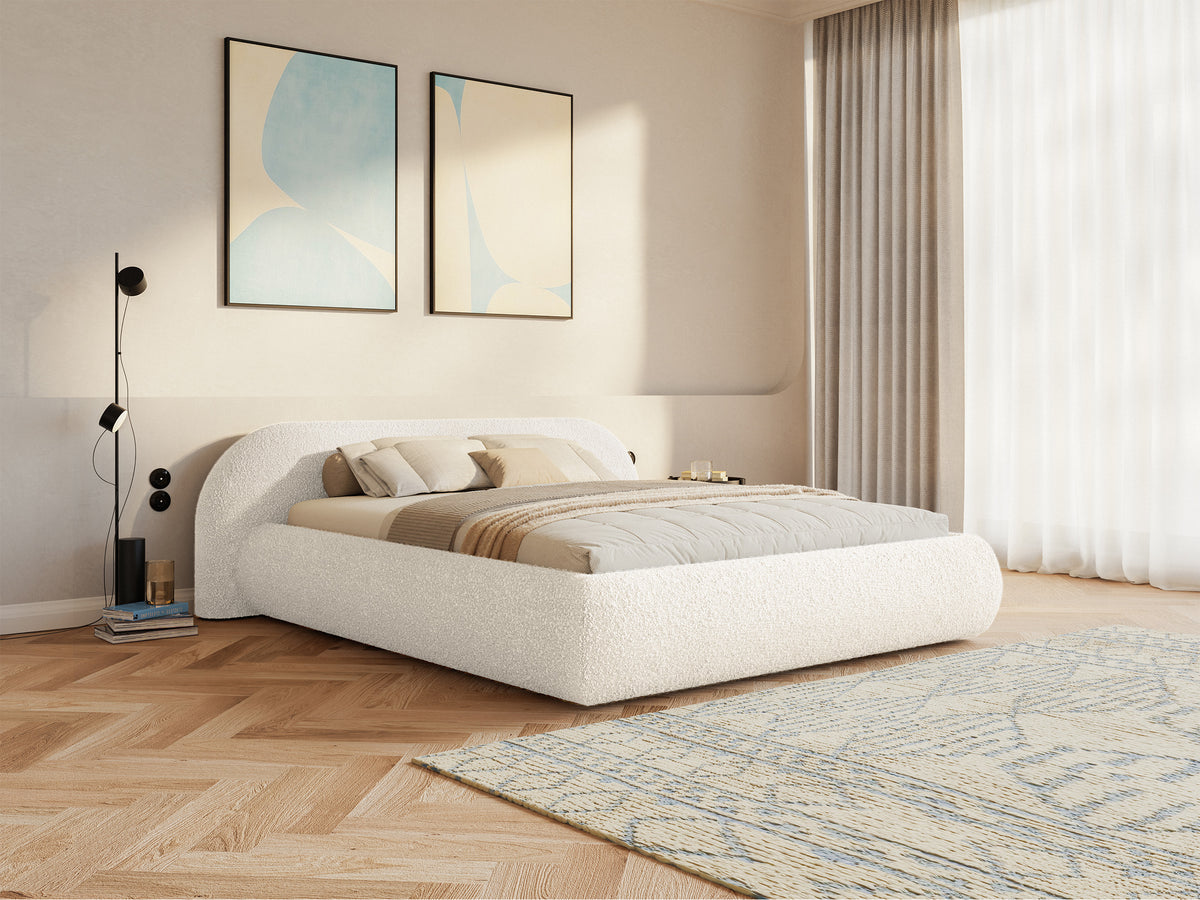 Polsterbett 160x200 cm Shels Low mit Stauraum, Metallrahmen, cremefarbenes Bouclé