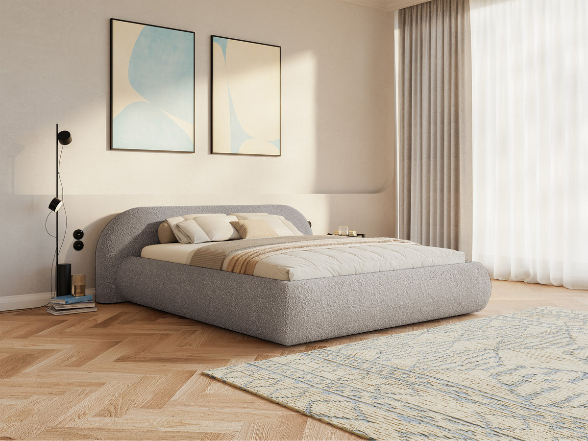 Polsterbett 140x200 cm Shels Low mit Stauraum, Metallrost, grau-beige Bouclé