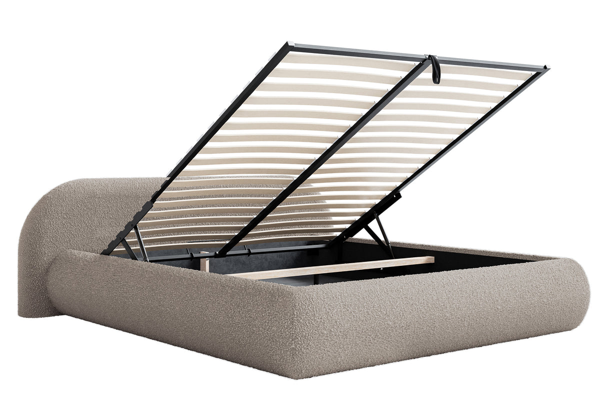 Lit tapissé 140x200 cm Shels Low avec rangement, cadre métallique, bouclé gris-beige