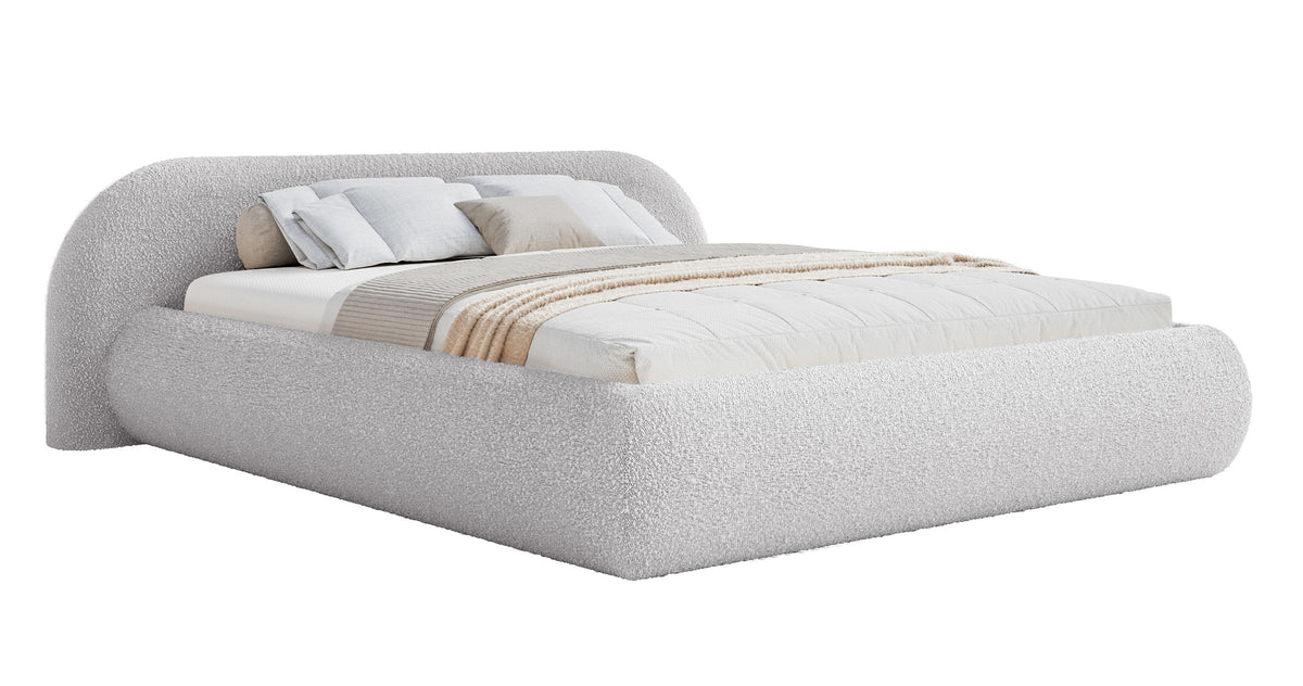 Lit tapissé 140x200 cm Shels Low avec rangement, sommier métallique, bouclé gris clair