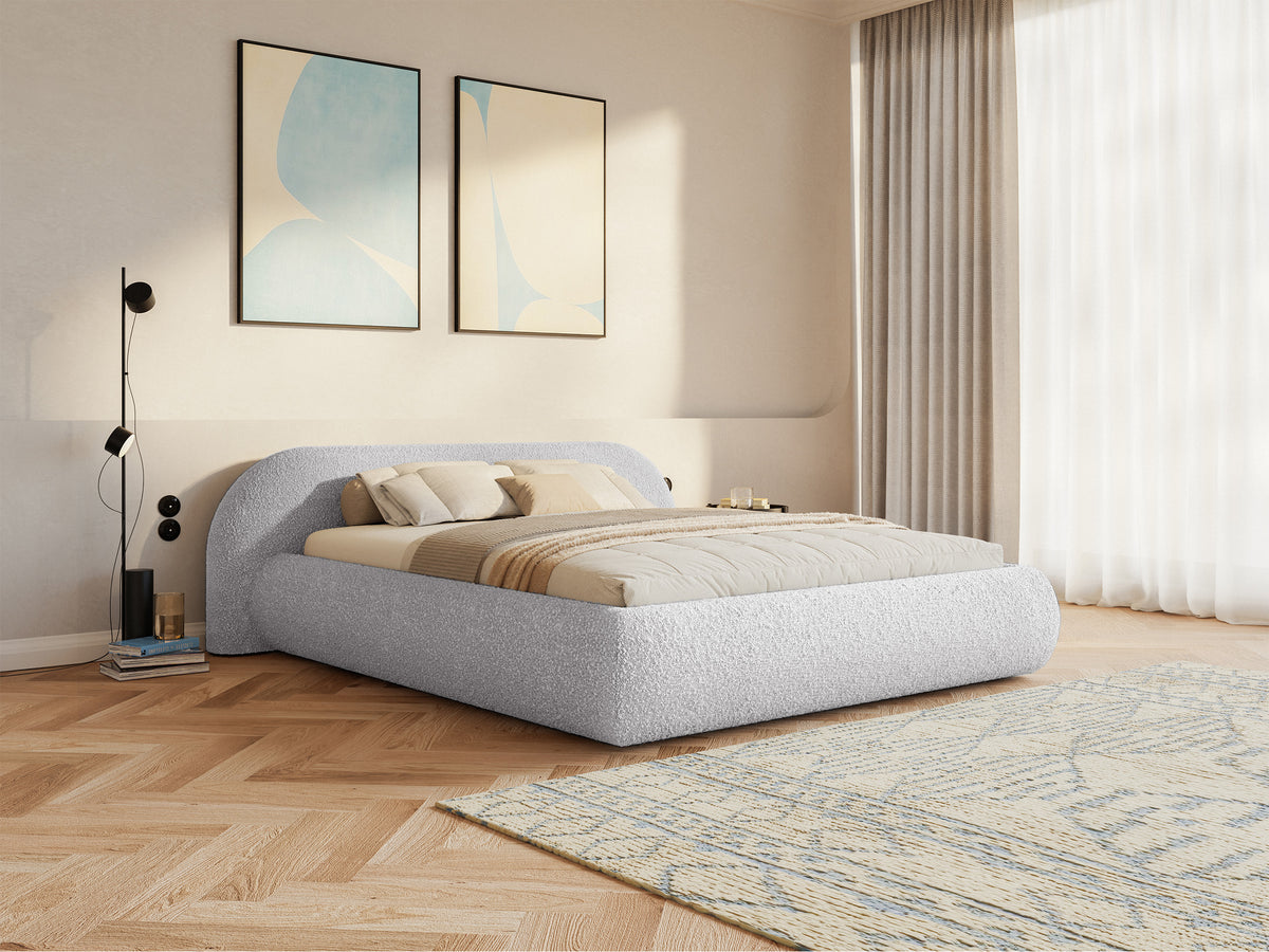 Lit tapissé 140x200 cm Shels Low avec rangement, sommier métallique, bouclé gris clair