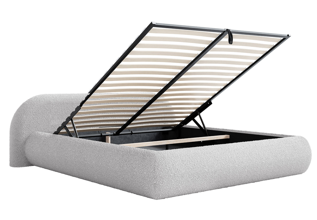 Lit tapissé 160x200 cm Shels Low avec rangement, cadre métallique, bouclé gris clair