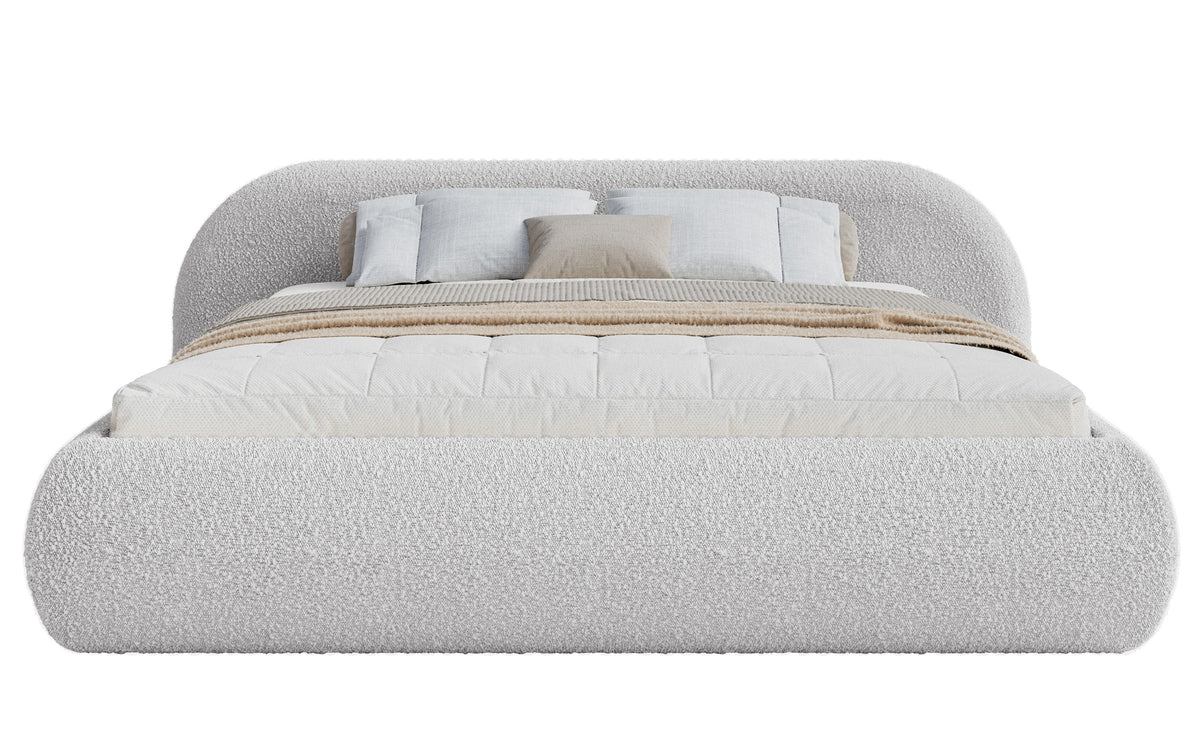 Lit tapissé 140x200 cm Shels Low avec rangement, sommier métallique, bouclé gris clair