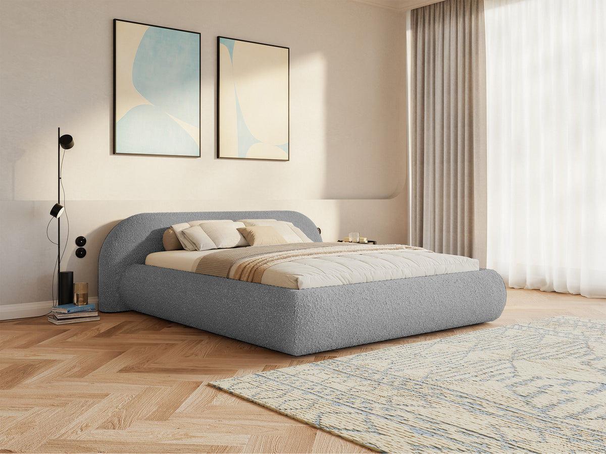 Lit tapissé 160x200 cm Shels Low avec rangement, cadre métallique, tissu boucle gris