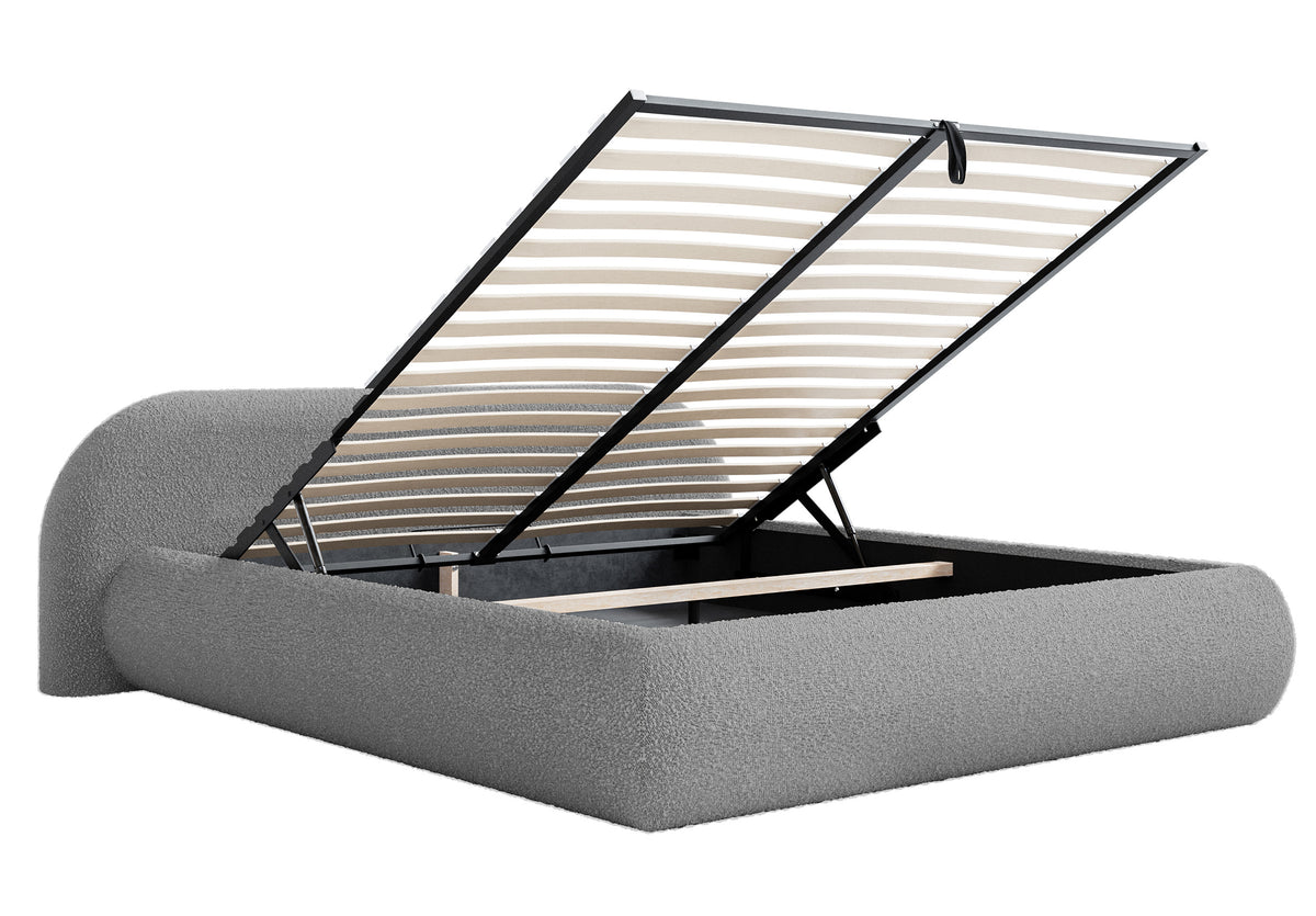 Lit tapissé 140x200 cm Shels Low avec rangement, cadre métallique, bouclé gris