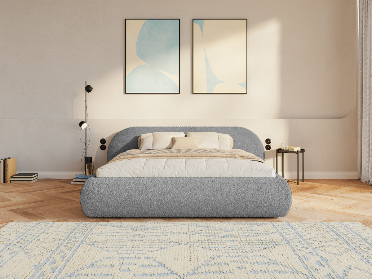Lit tapissé 160x200 cm Shels Low avec rangement, cadre métallique, tissu boucle gris