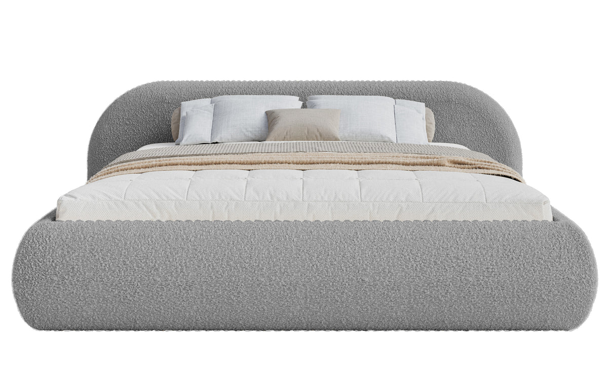 Lit tapissé 160x200 cm Shels Low avec rangement, cadre métallique, tissu boucle gris