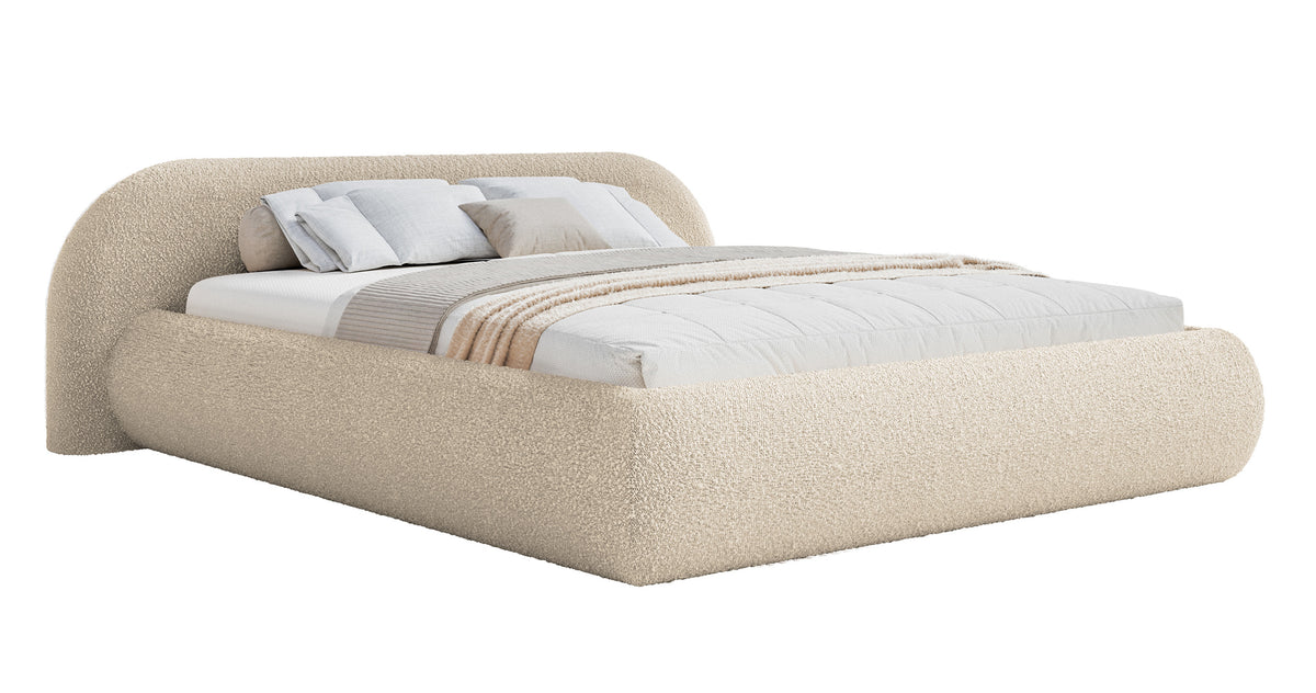 Lit tapissé 180x200 cm Shels Low avec coffre, cadre métallique, boucle beige clair