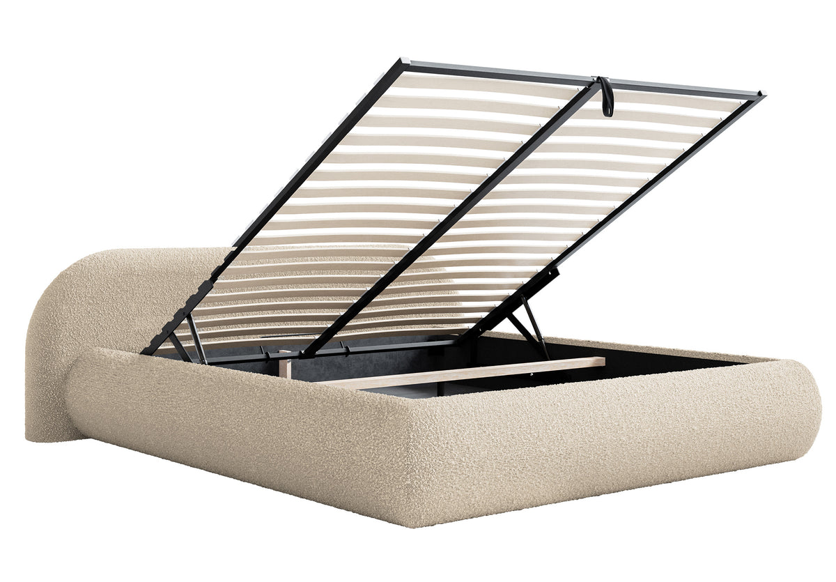 Lit tapissé 140x200 cm Shels Low avec rangement, cadre métallique, boucle beige clair