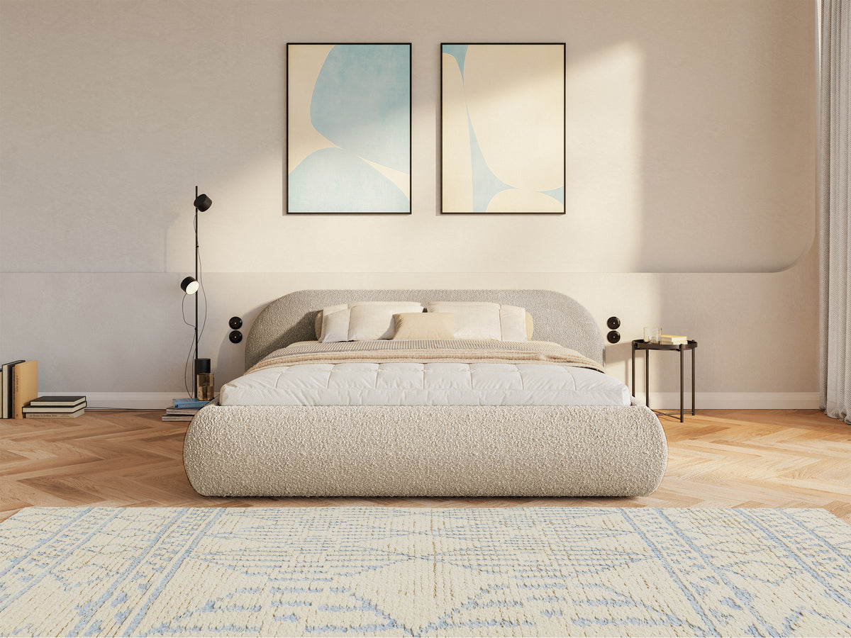 Lit tapissé 140x200 cm Shels Low avec rangement, cadre métallique, boucle beige clair