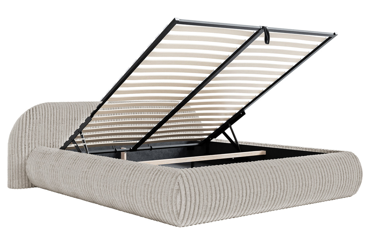 Lit tapissé 140x200 cm Shels Low avec rangement, cadre métallique, velours côtelé épais gris-beige