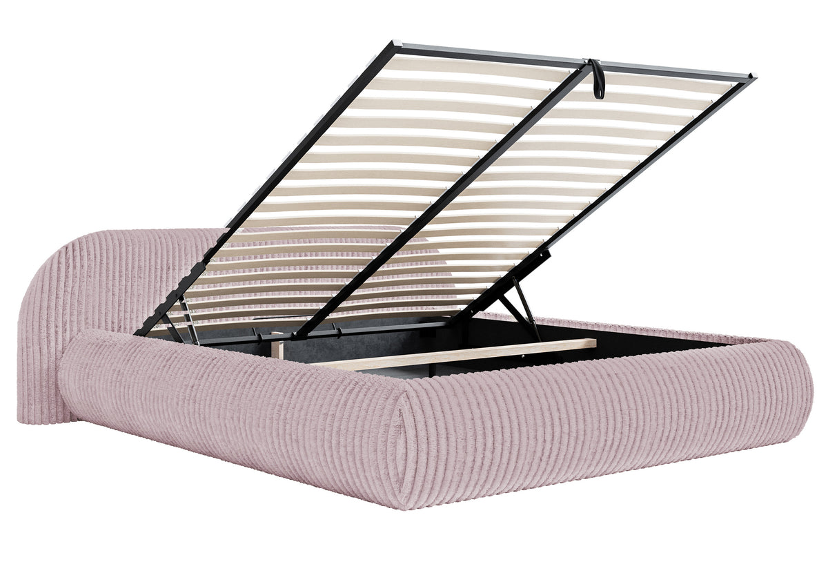 Lit tapissé 180x200 cm Shels Low avec rangement, cadre métallique, velours côtelé épais rose