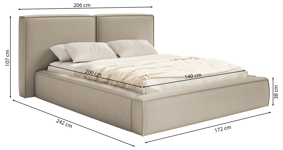 Polsterbett 140x200 cm Tilves mit Stauraum, Metalllattenrost, cremefarbener Chenillebezug