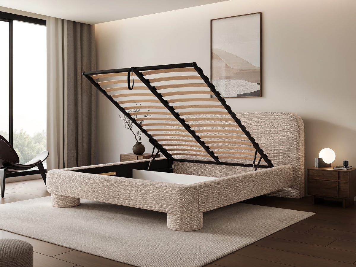 Gepolstertes Bett 160x200 cm Fredo mit Stauraum, hellgrauer Bouclé-Stoff