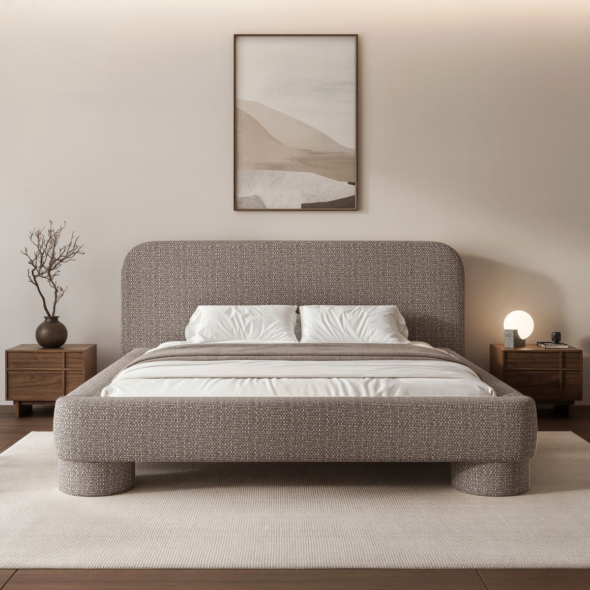 Lit tapissé 180x200 cm Fredo avec rangement tissage gris-beige
