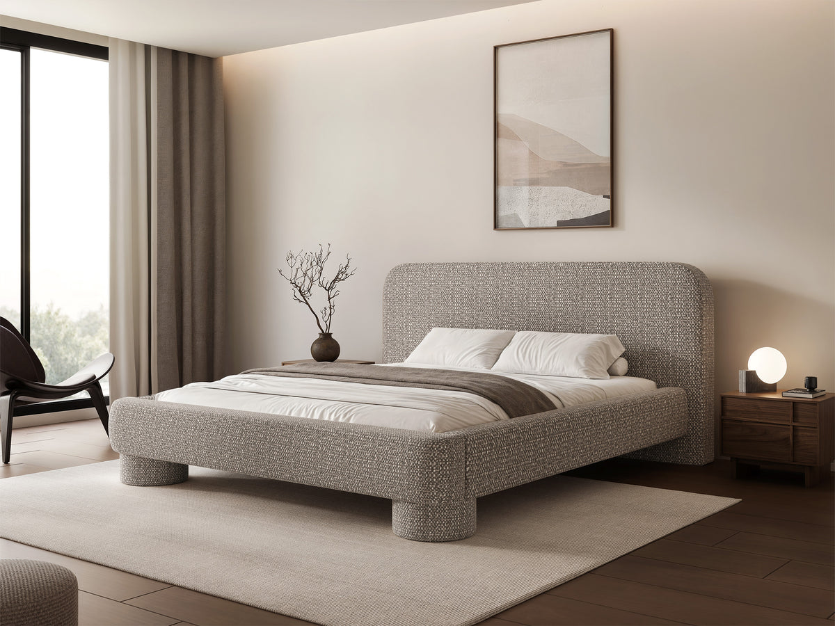 Lit tapissé 140x200 cm Fredo avec rangement tissage gris-beige