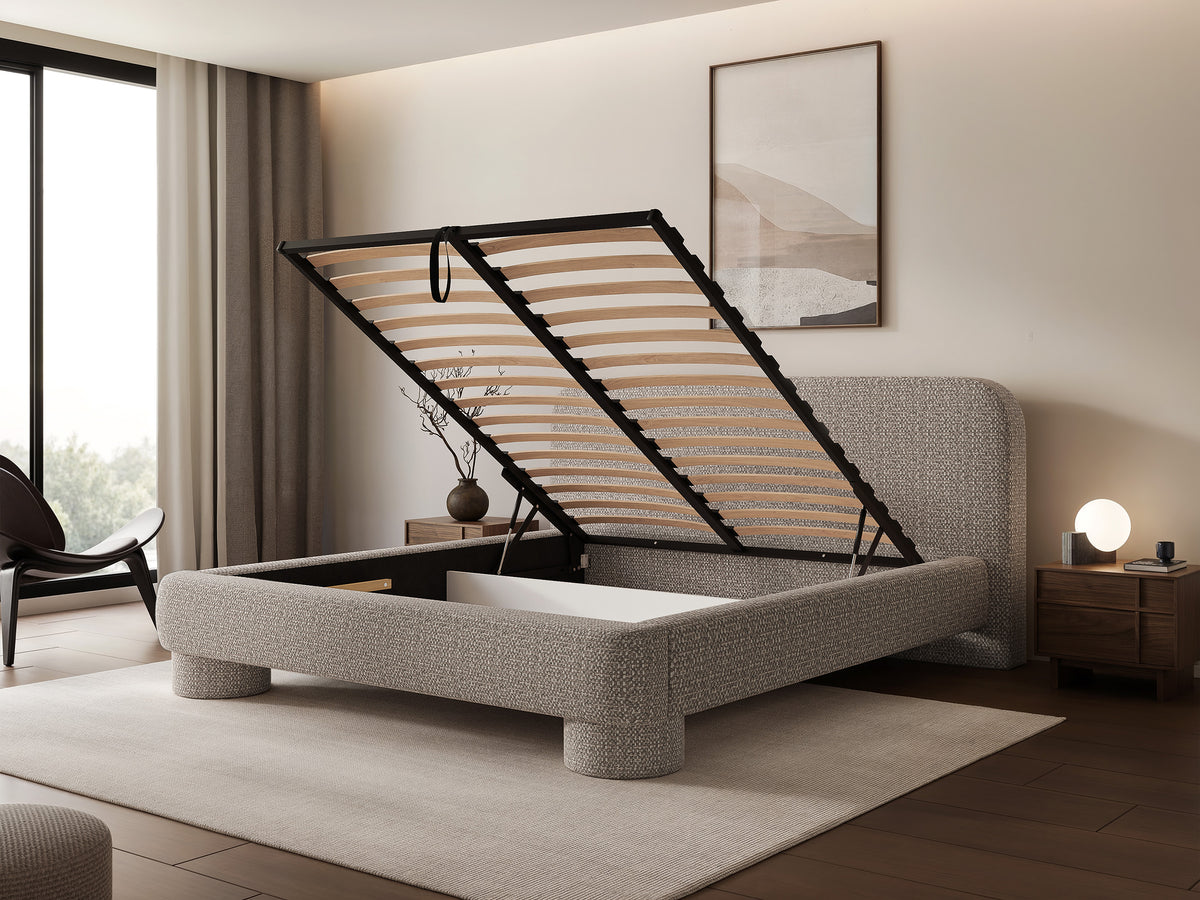 Lit tapissé 140x200 cm Fredo avec rangement tissage gris-beige