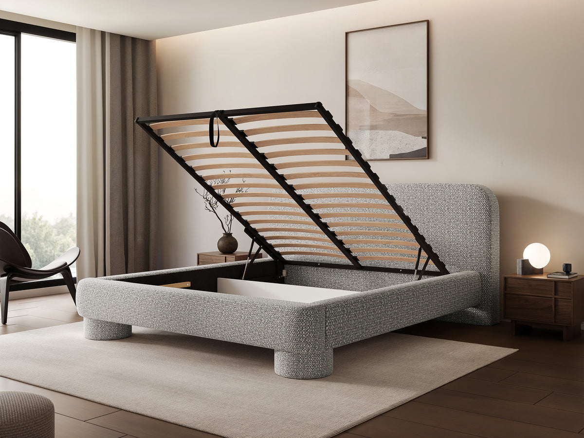 Gepolstertes Bett 160x200 cm Fredo mit Stauraum, grauer Chenille-Stoff