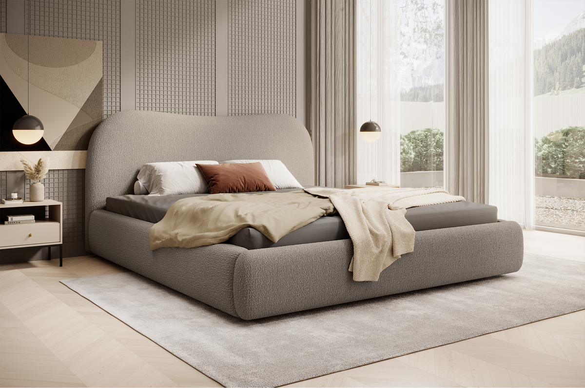 Polsterbett Simsalo 140x200 cm mit Stauraum, dunkelbeige Bouclé