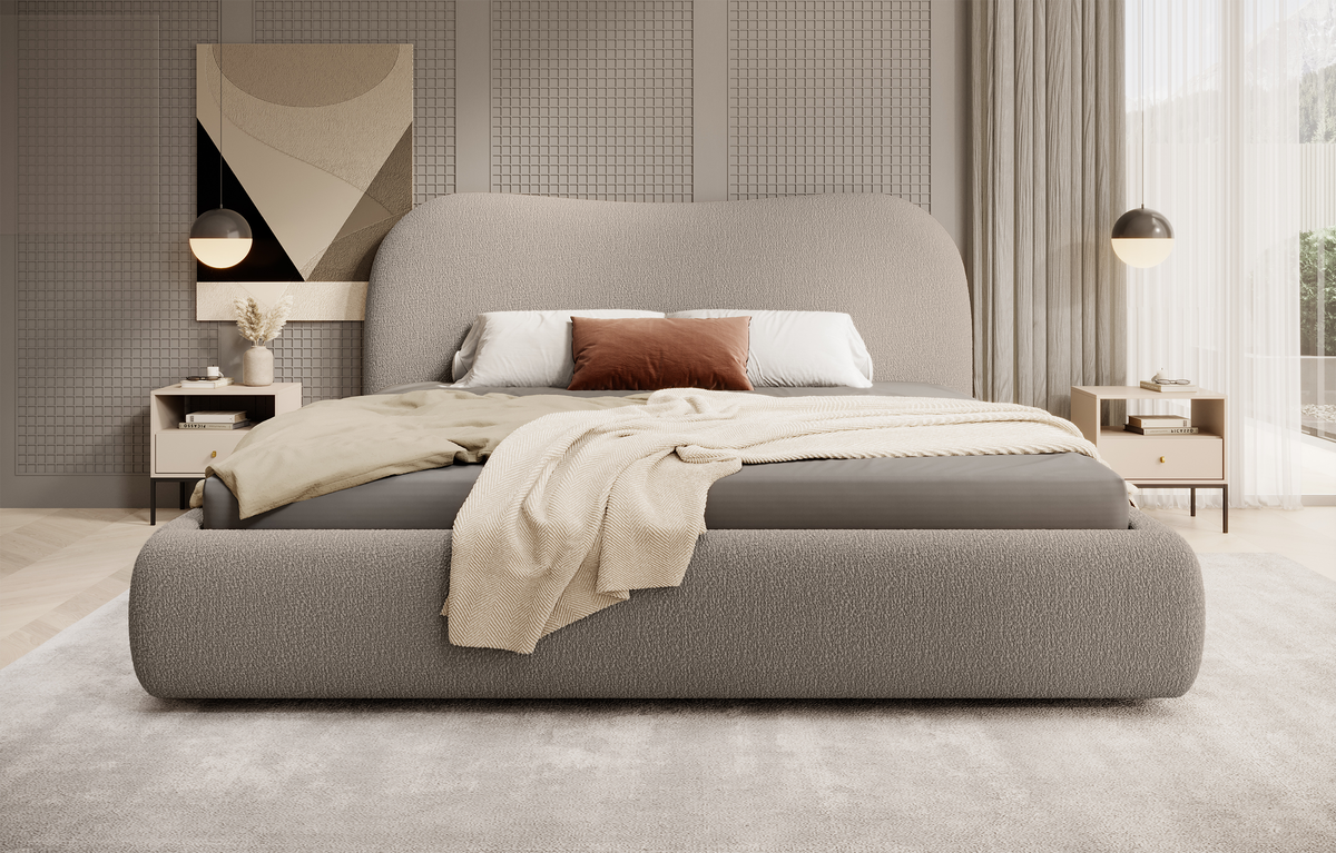 Lit tapissé Simsalo 160x200 cm avec rangement boucle beige foncé