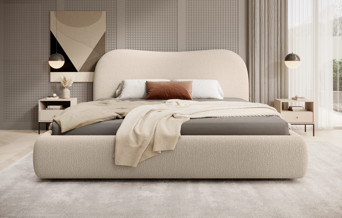 Lit tapissé Simsalo 160x200 cm avec rangement bouclé beige
