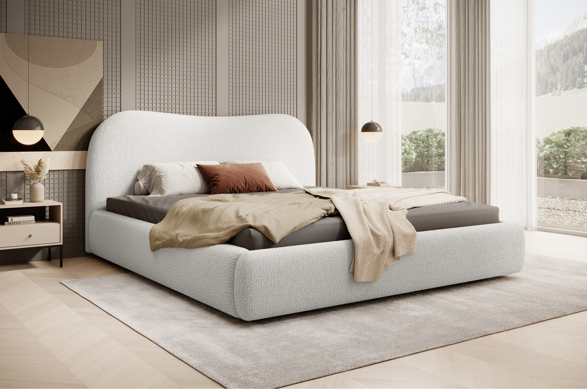 Lit tapissé Simsalo 160x200 cm avec rangement, bouclé crème