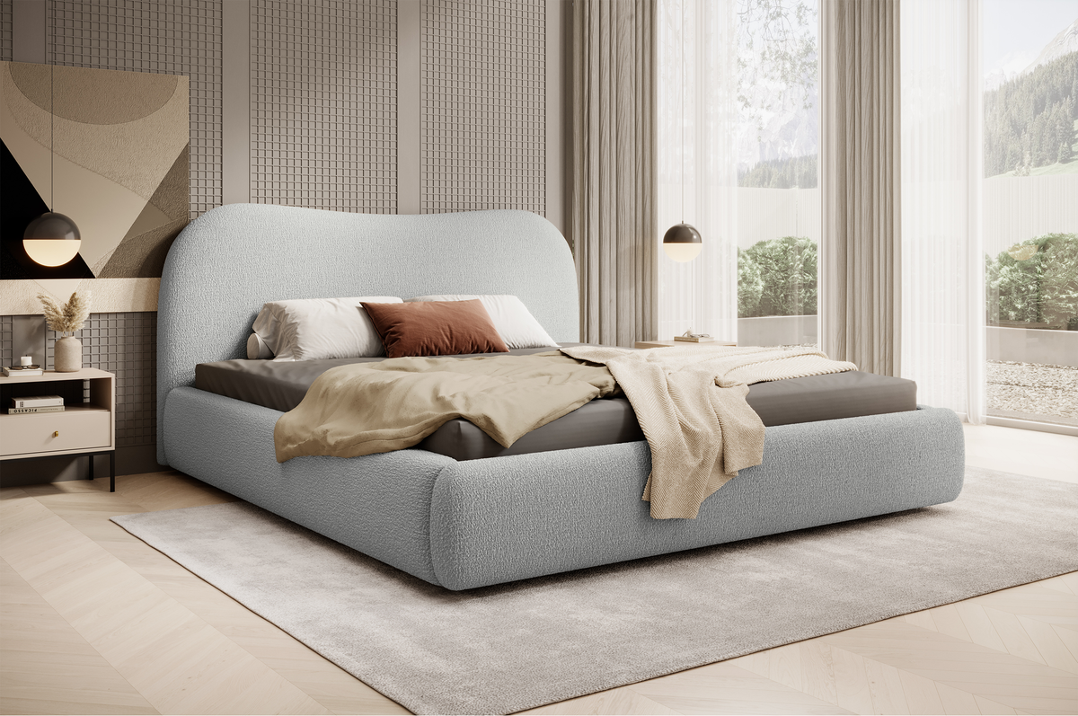 Lit tapissé Simsalo 180x200 cm avec rangement, boucle gris