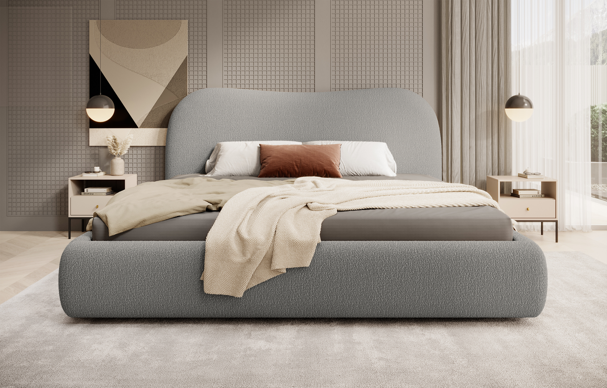 Lit tapissé Simsalo 140x200 cm avec rangement, boucle gris foncé