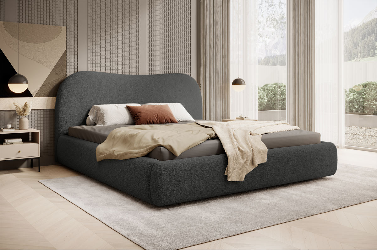 Gepolstertes Simsalo-Bett 140x200 cm mit Stauraum, graphitfarbenes Bouclé