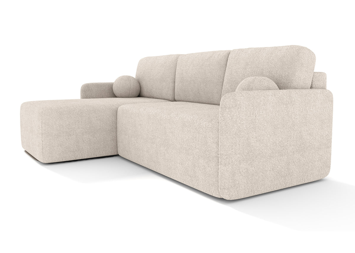Canapé d'angle L Bloom avec fonction couchage et coffre de rangement, beige boucle, universel