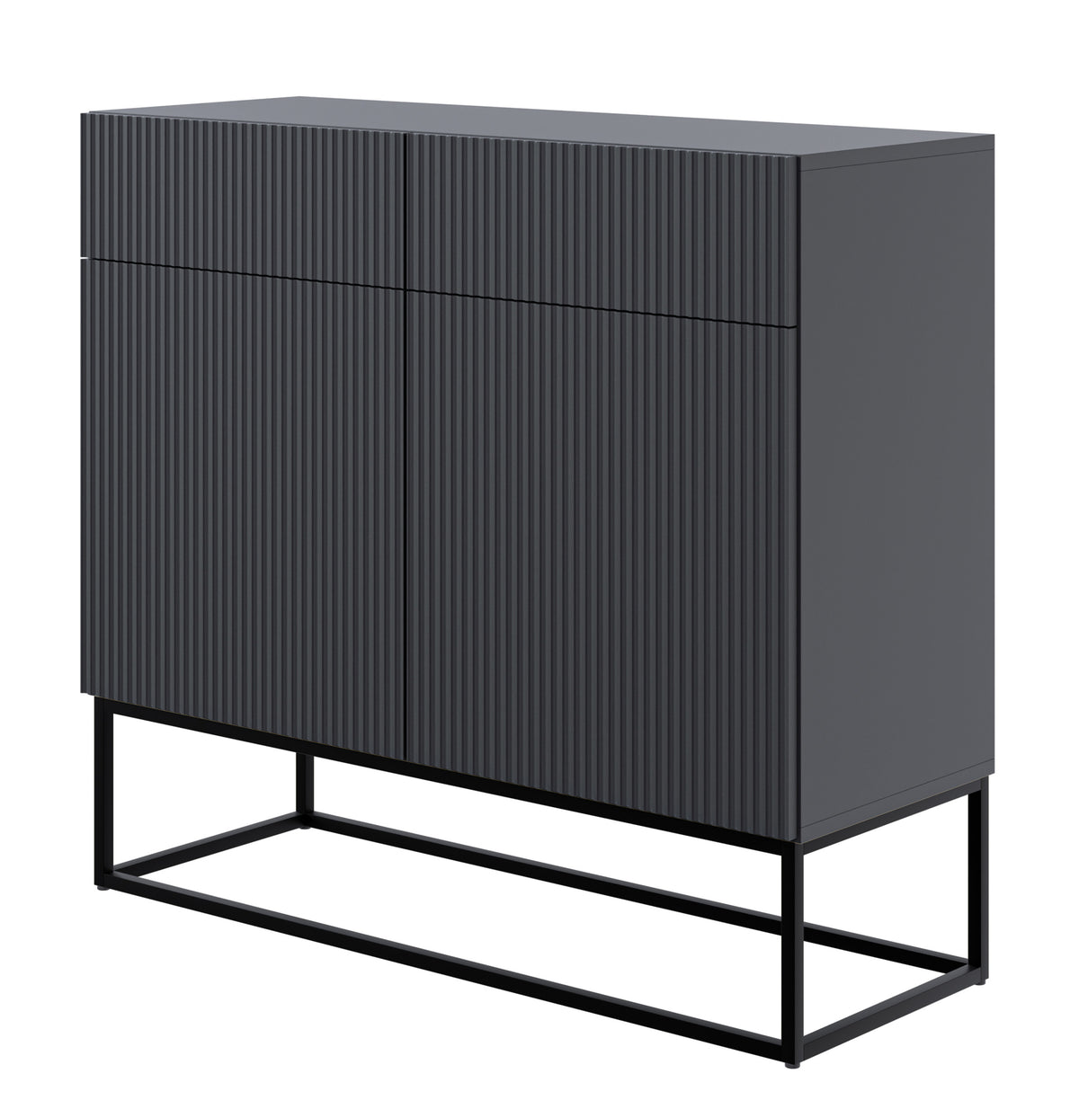 Commode 2 portes Veldio avec façade fraisée et 2 tiroirs 100 cm Noir avec pieds noirs