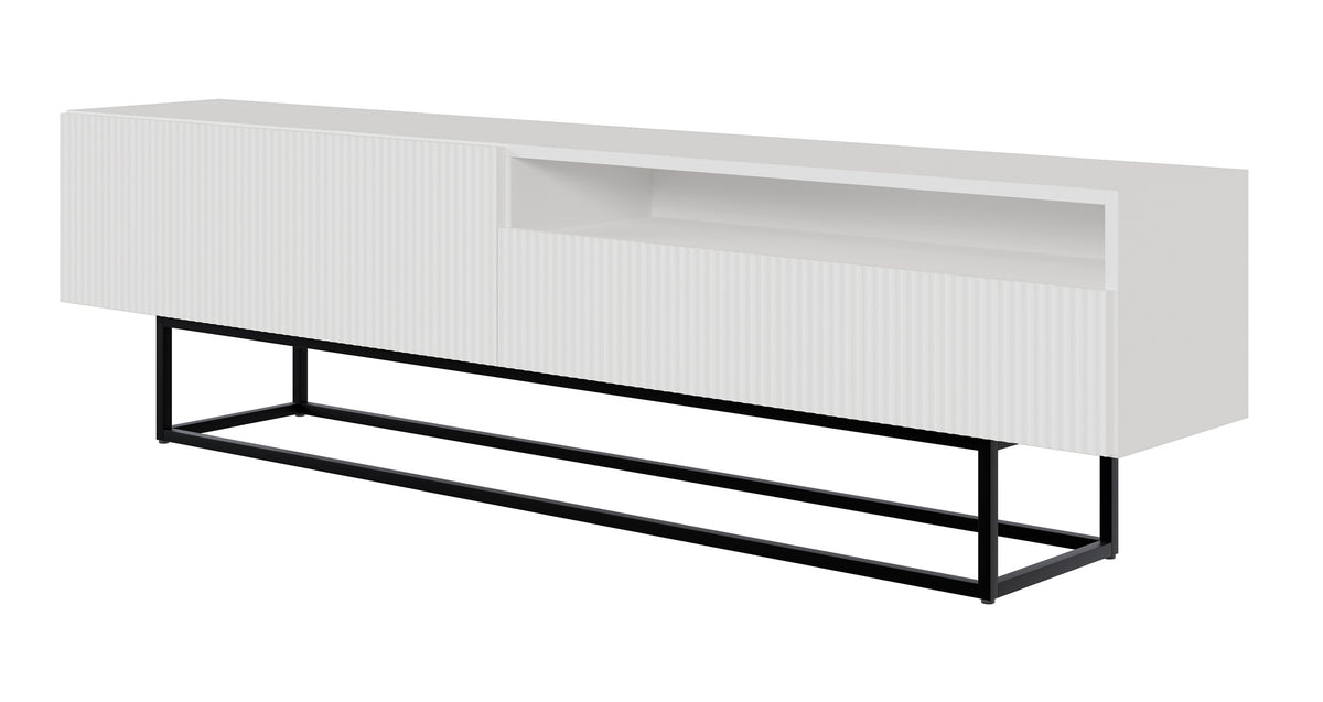 Meuble TV Veldio avec façade fraisée et niche 175 cm Blanc avec pieds noirs