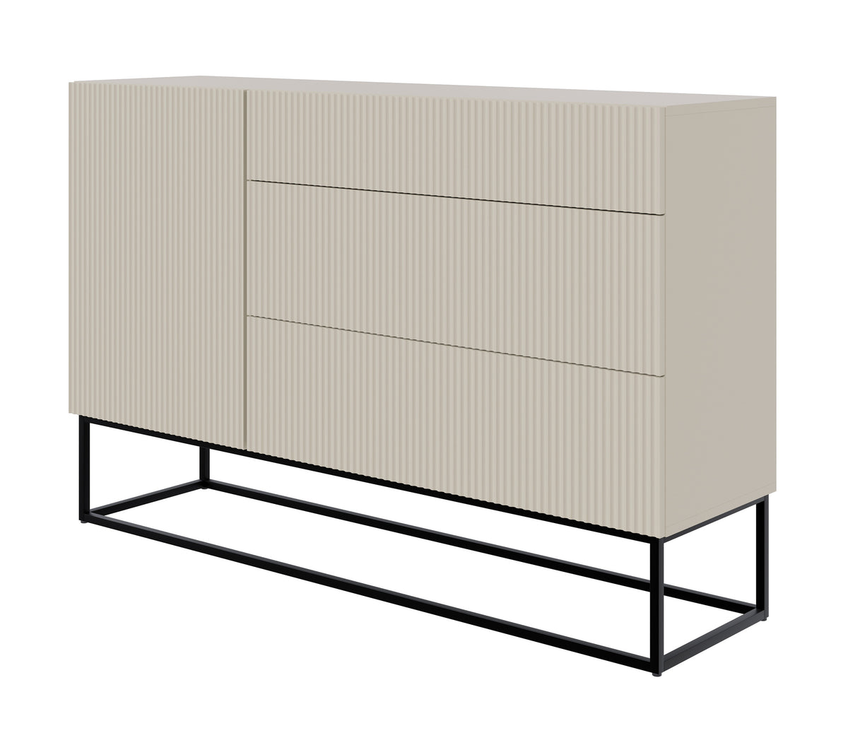 Einzeltür-Kommode Veldio mit gefräster Front und drei Schubladen, 140 cm, grau-beige mit schwarzen Beinen
