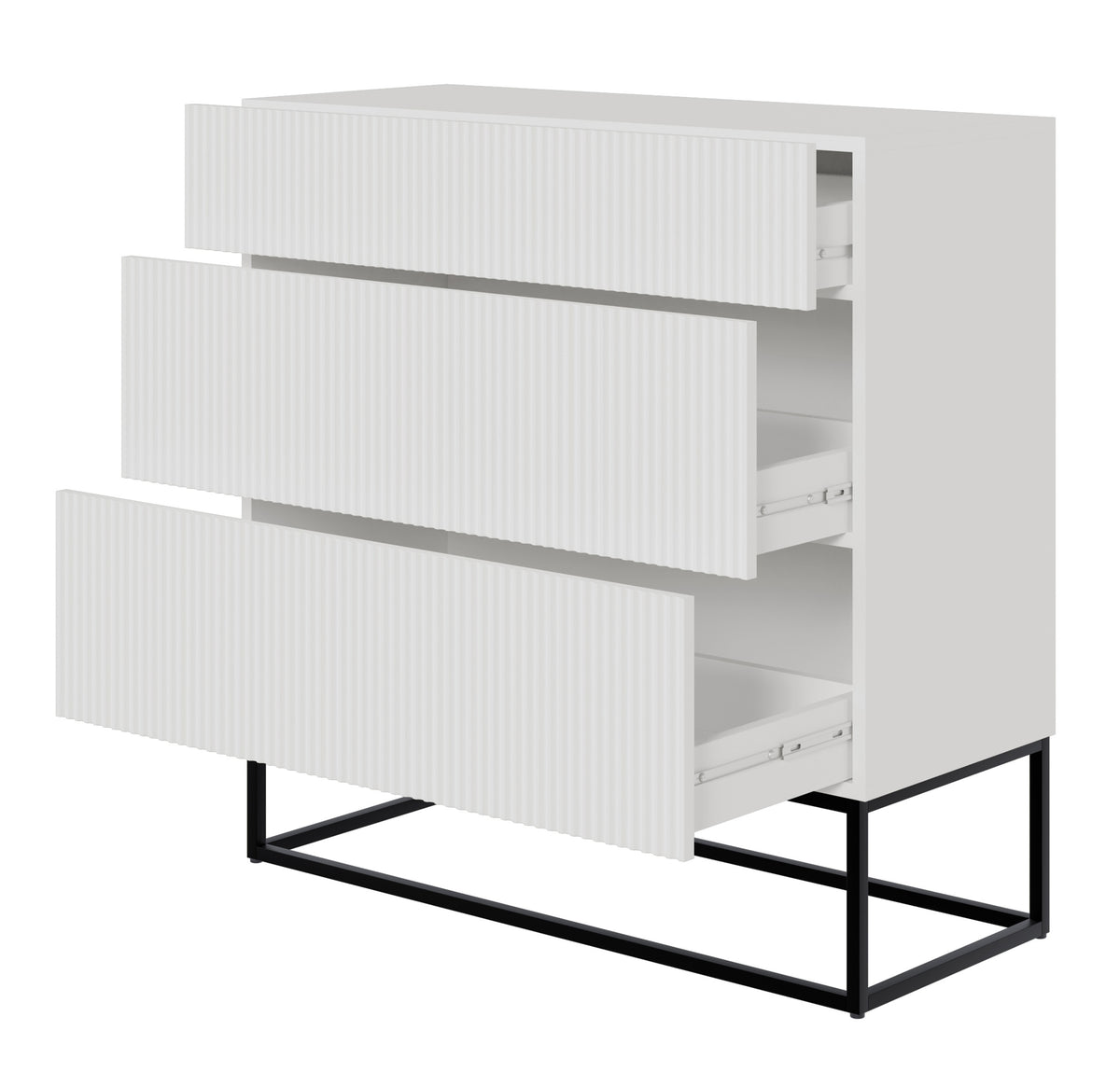 Commode Veldio avec façade rainurée et trois tiroirs 90 cm Blanche avec pieds noirs