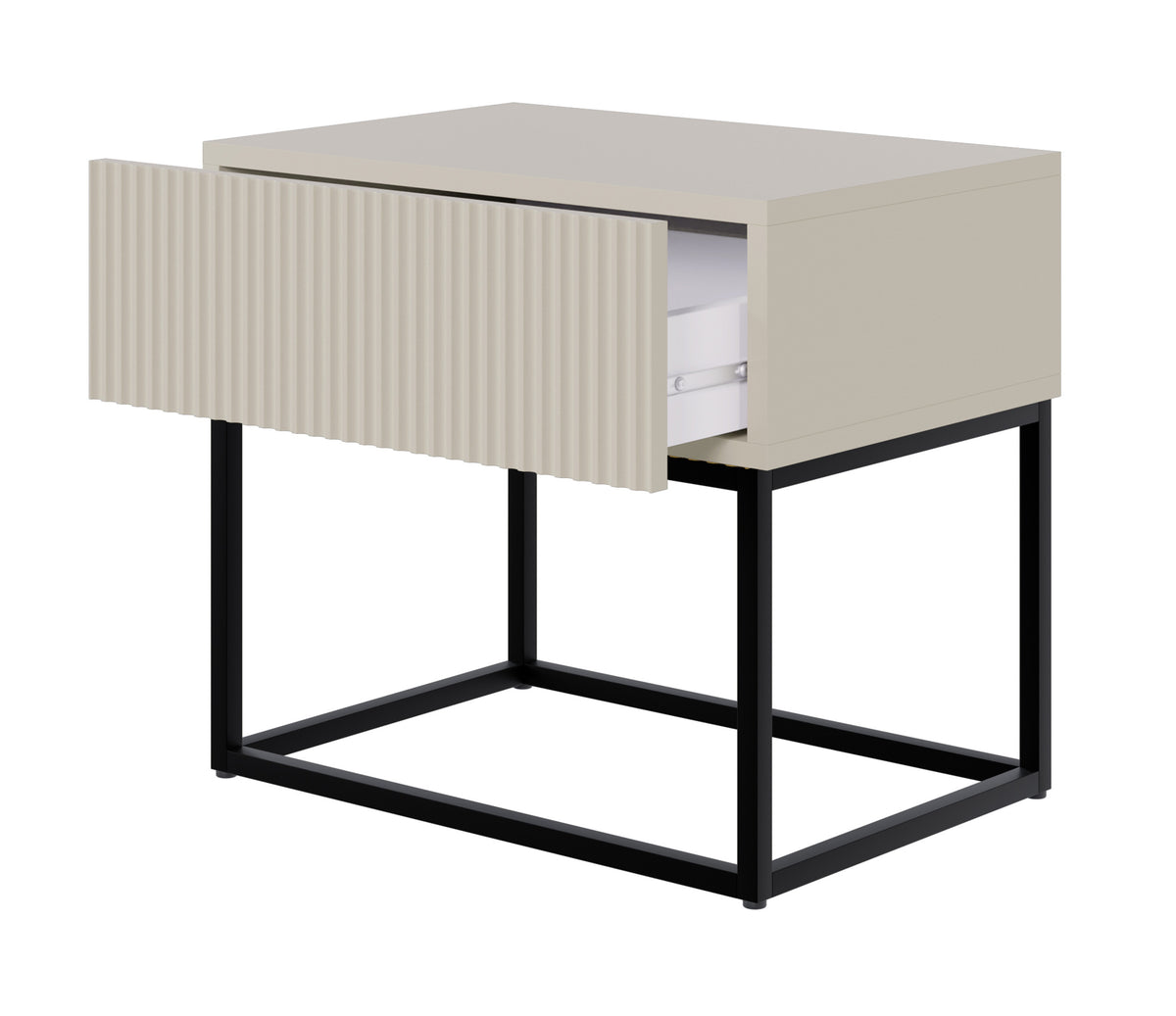 Table de chevet Veldio avec façade rainurée et tiroir 50 cm Gris beige avec pieds noirs