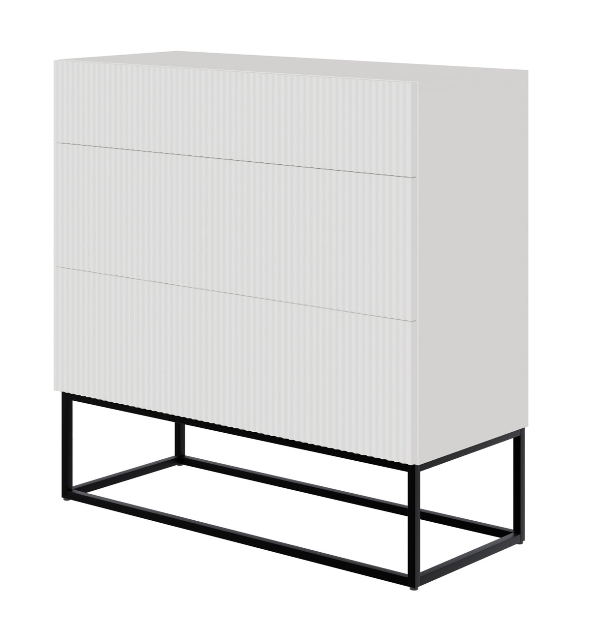 Commode Veldio avec façade rainurée et trois tiroirs 90 cm Blanche avec pieds noirs
