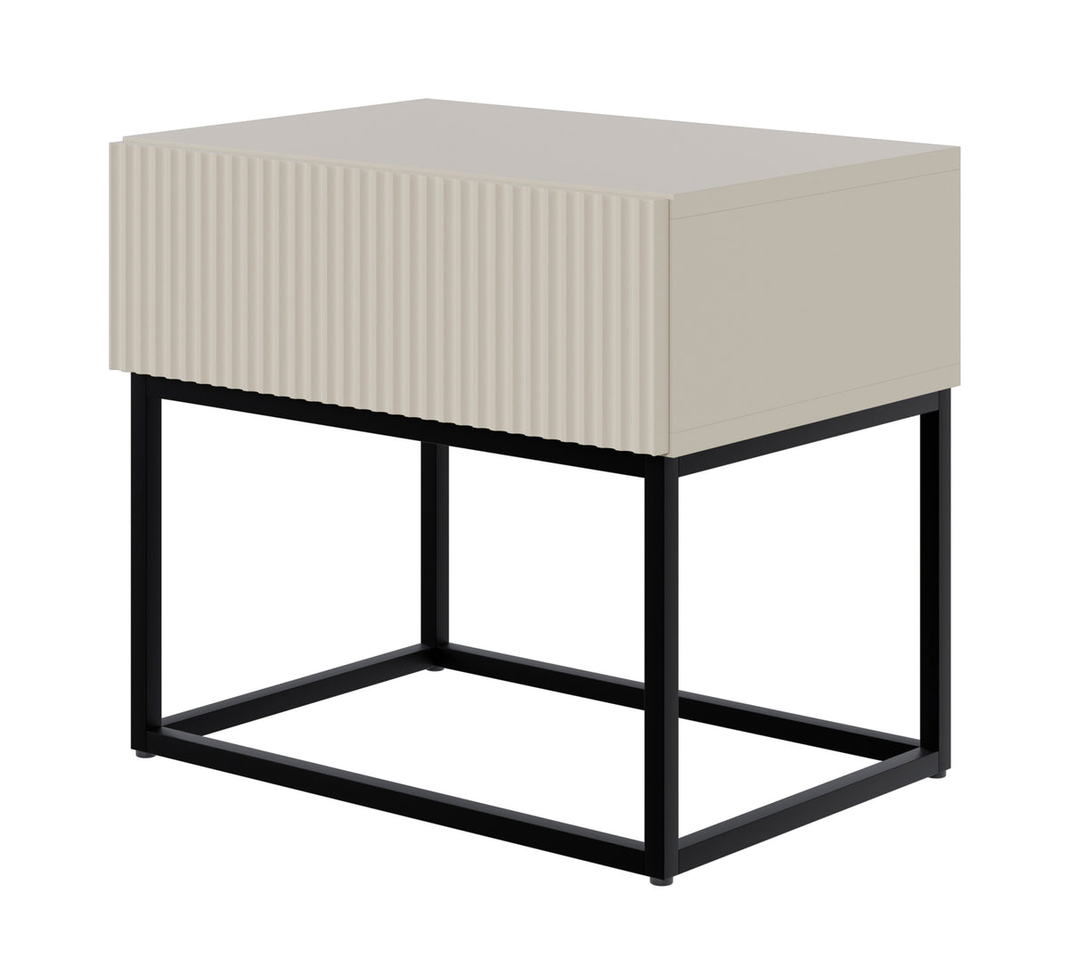Table de chevet Veldio avec façade rainurée et tiroir 50 cm Gris beige avec pieds noirs