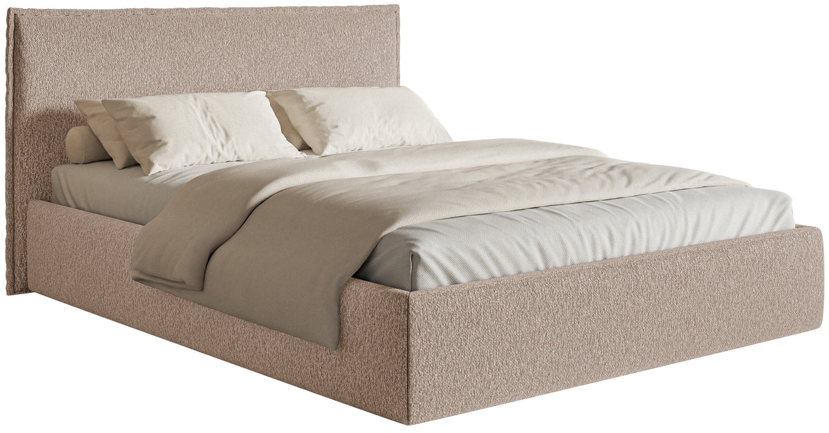 Lit tapissé 200x200 cm Softie Slim avec rangement, velours chenille beige foncé, cadre métallique