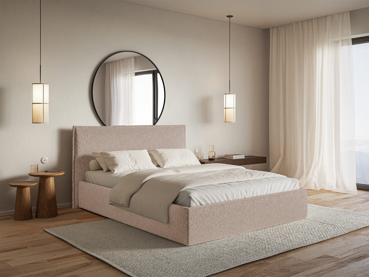 Lit tapissé 200x200 cm Softie Slim avec rangement, velours chenille beige foncé, cadre métallique