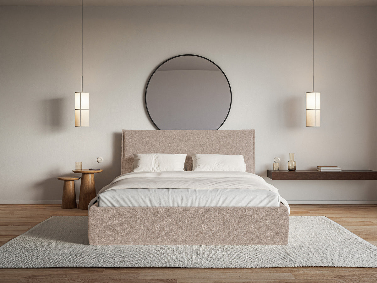 Lit tapissé 200x200 cm Softie Slim avec rangement, velours chenille beige foncé, cadre métallique