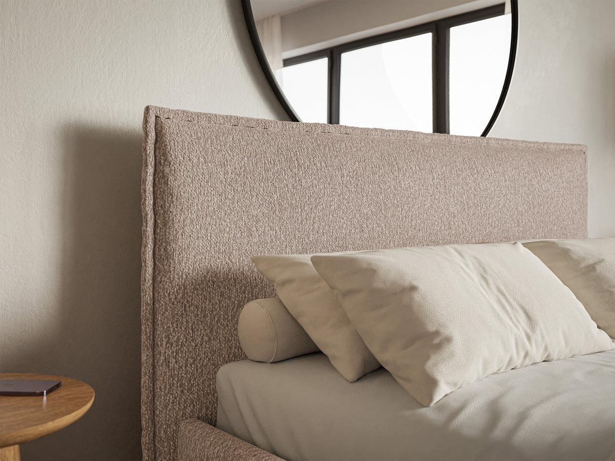 Lit tapissé 200x200 cm Softie Slim avec rangement, velours chenille beige foncé, cadre métallique