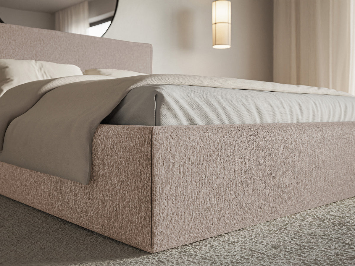 Lit tapissé 200x200 cm Softie Slim avec rangement, velours chenille beige foncé, cadre métallique
