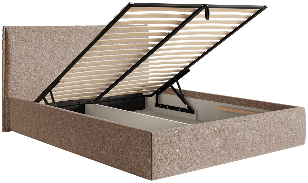 Lit tapissé 200x200 cm Softie Slim avec rangement, velours chenille beige foncé, cadre métallique