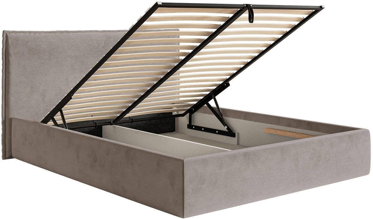 Lit tapissé 180x200 cm Softie Slim avec rangement, velours hydrofuge gris-brun, cadre métallique