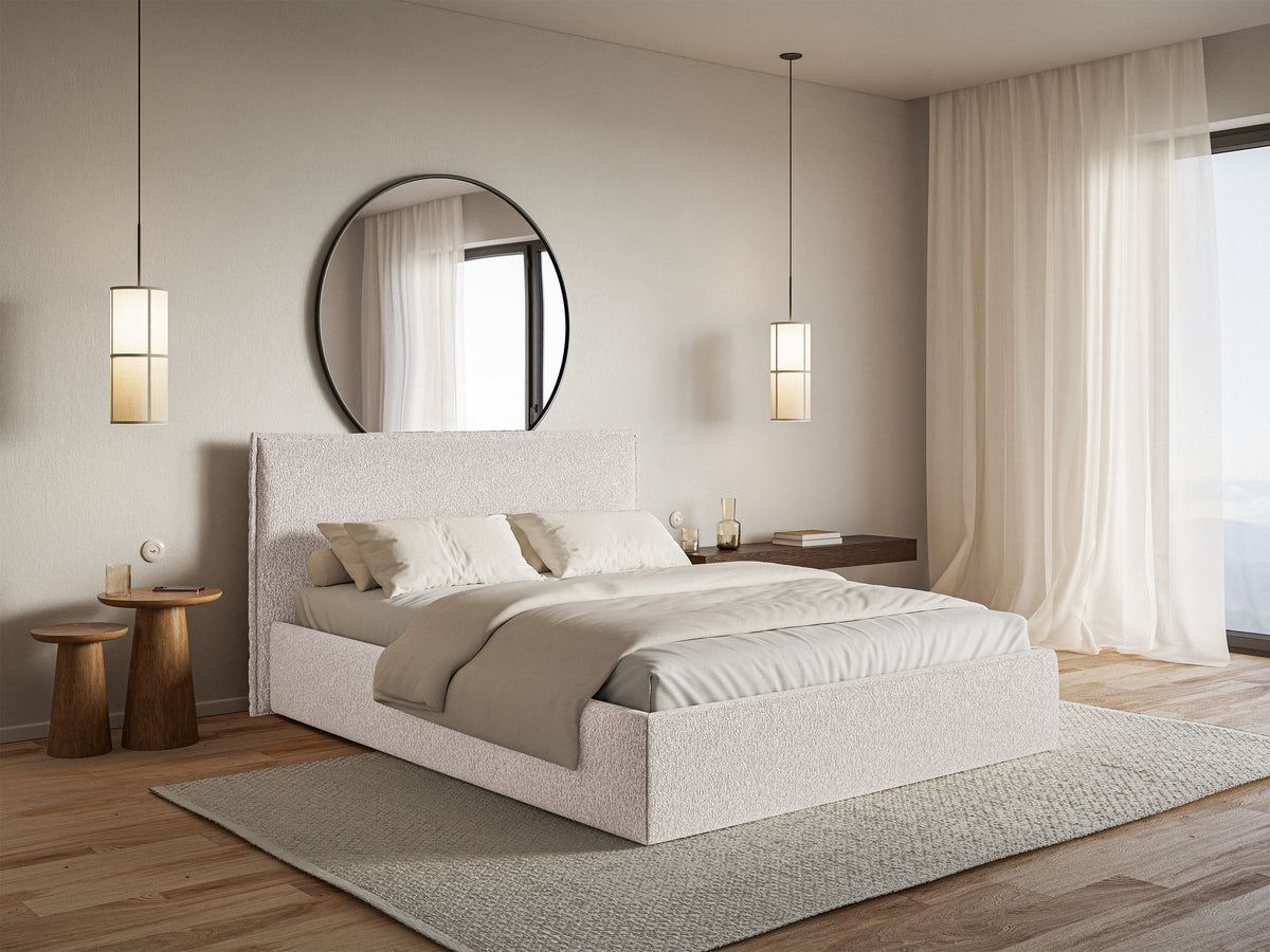 Lit tapissé 140x200 cm Softie Slim avec rangement beige en chenille cadre métallique