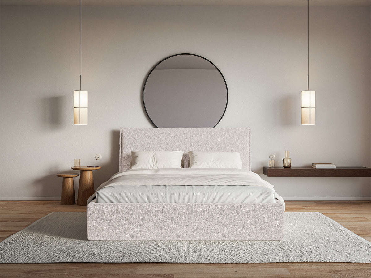 Lit tapissé 160x200 cm Softie Slim avec rangement beige en chenille cadre métallique