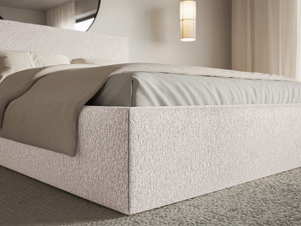 Lit tapissé 160x200 cm Softie Slim avec rangement beige en chenille cadre métallique